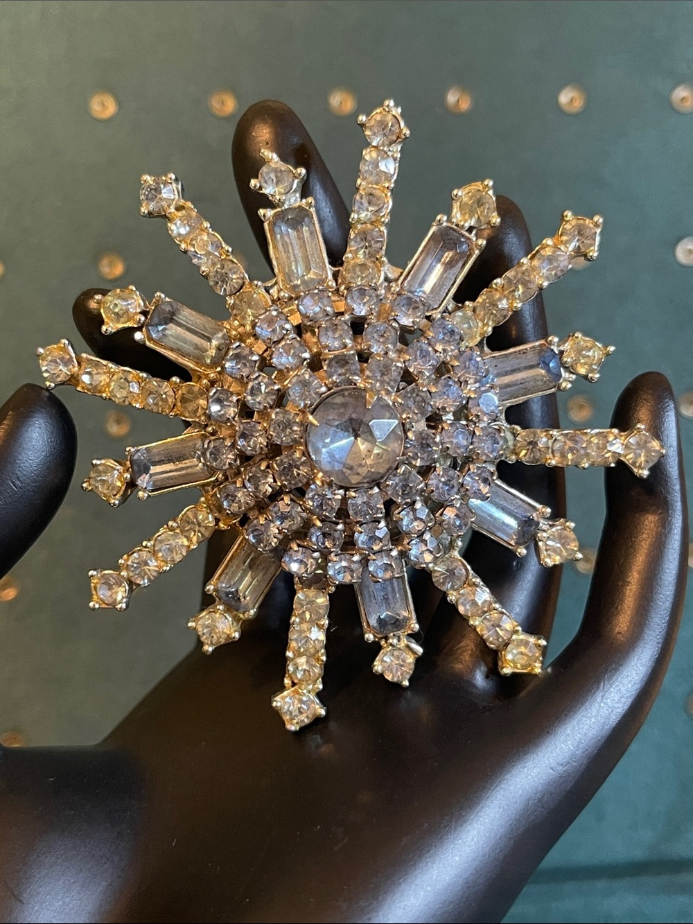 Vintage Ice Blue & Clear Rhinestone Oversized Starburst Brooch